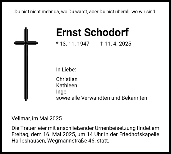 Todesanzeige von Ernst Schodorf von HNA
