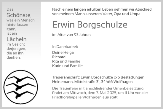 Todesanzeige von Erwin Borgschulze von HNA