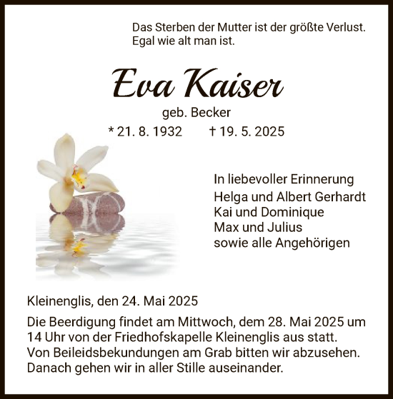 Todesanzeige von Eva Kaiser von HNA