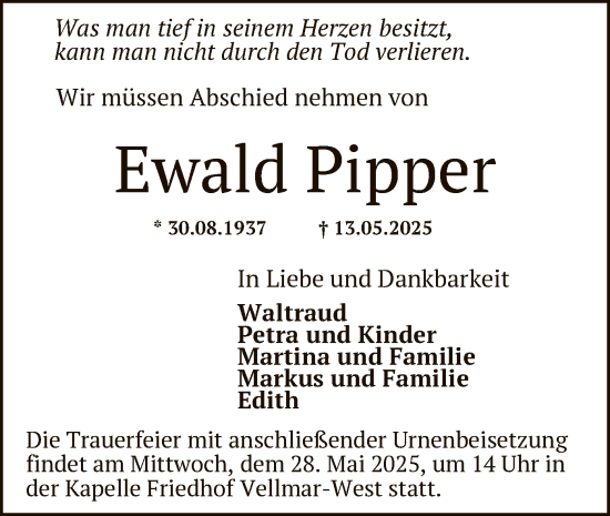 Todesanzeige von Ewald Pipper von HNA