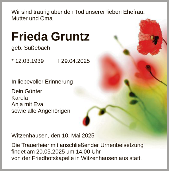 Todesanzeige von Frieda Gruntz von HNA