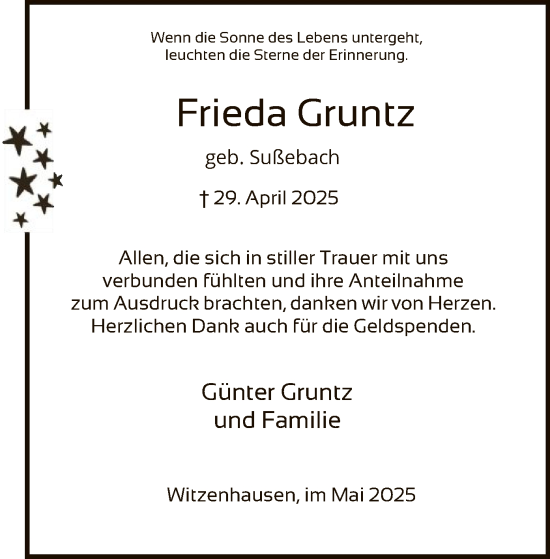 Todesanzeige von Frieda Gruntz von HNA
