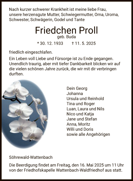 Todesanzeige von Friedchen Proll von HNA