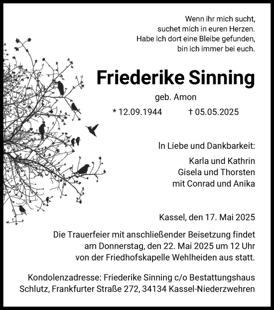 Todesanzeige von Friederike Sinning von HNAWRS