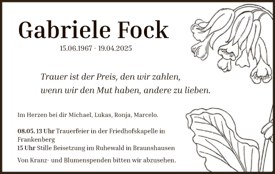 Todesanzeige von Gabriele Fock von HNA