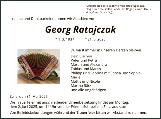 Todesanzeige von Georg Ratajczak von HNA