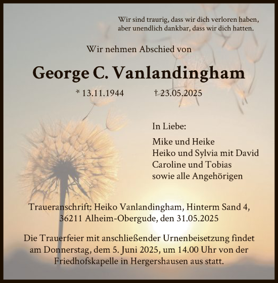 Todesanzeige von George C. Vanlandingham von HNA
