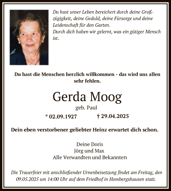 Todesanzeige von Gerda Moog von HNA