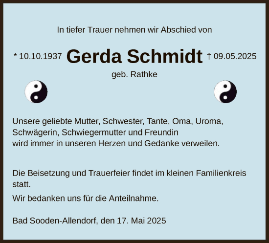 Todesanzeige von Gerda Schmidt von HNAWRS