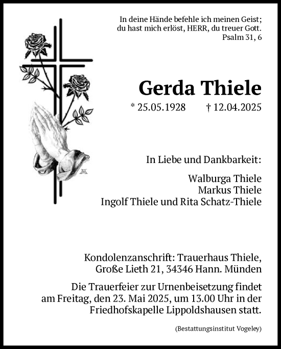Todesanzeige von Gerda Thiele von HNA