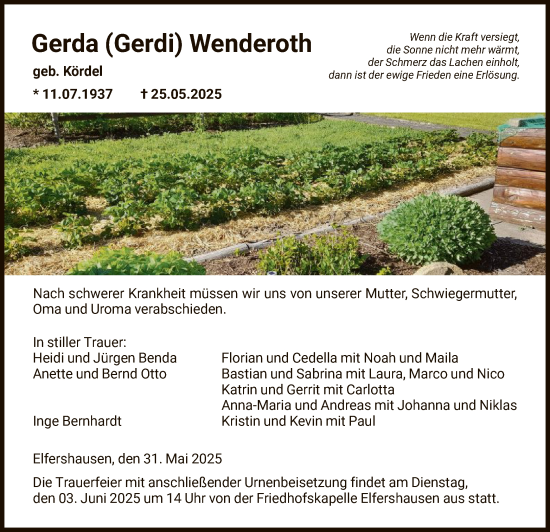 Todesanzeige von Gerda Wenderoth von HNA