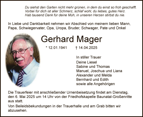 Todesanzeige von Gerhard Mager von HNA