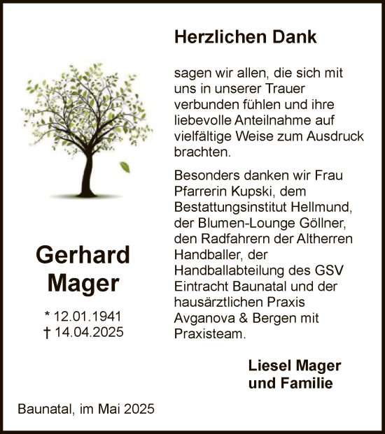 Todesanzeige von Gerhard Mager von HNA