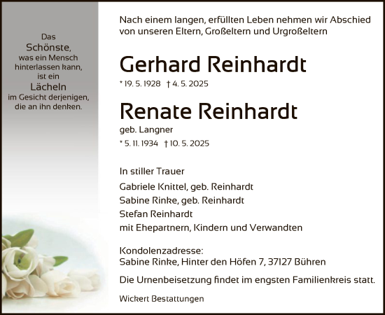 Todesanzeige von Gerhard Reinhardt von HNA