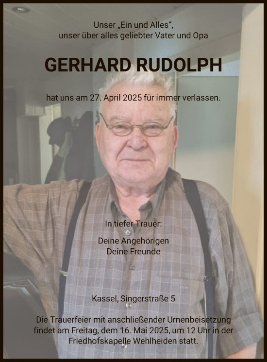 Todesanzeige von Gerhard Rudolph von HNA