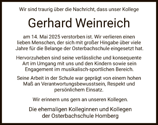 Todesanzeige von Gerhard Weinreich von HNA