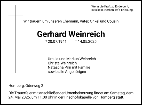 Todesanzeige von Gerhard Weinreich von HNA