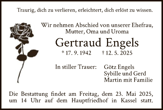 Todesanzeige von Gertraud Engels von HNA