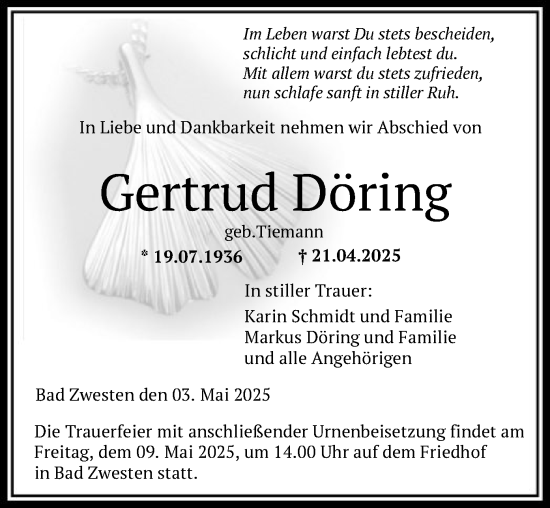 Todesanzeige von Gertrud Döring von HNA
