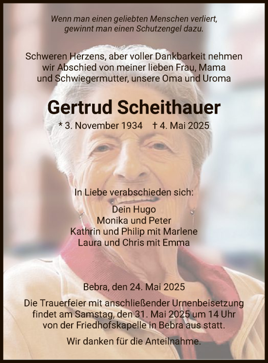 Todesanzeige von Gertrud Scheithauer von HNA