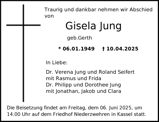Todesanzeige von Gisela Jung von HNA