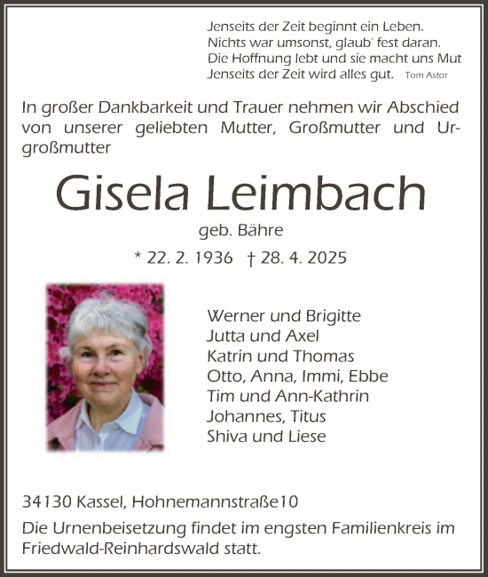 Todesanzeige von Gisela Leimbach von HNA