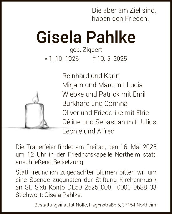 Todesanzeige von Gisela Pahlke von HNA