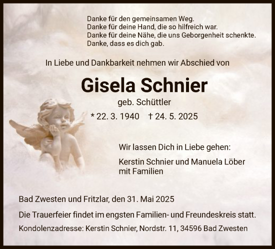 Todesanzeige von Gisela Schnier von HNA