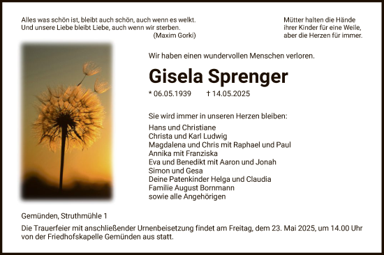 Todesanzeige von Gisela Sprenger von HNA