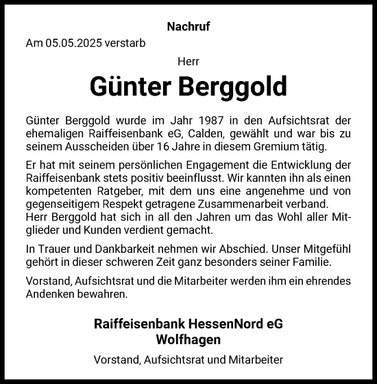 Todesanzeige von Günter Berggold von HNA