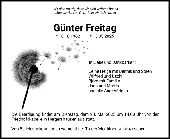 Todesanzeige von Günter Freitag von HNA