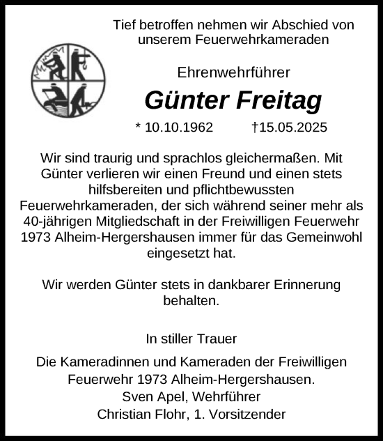 Todesanzeige von Günter Freitag von HNA