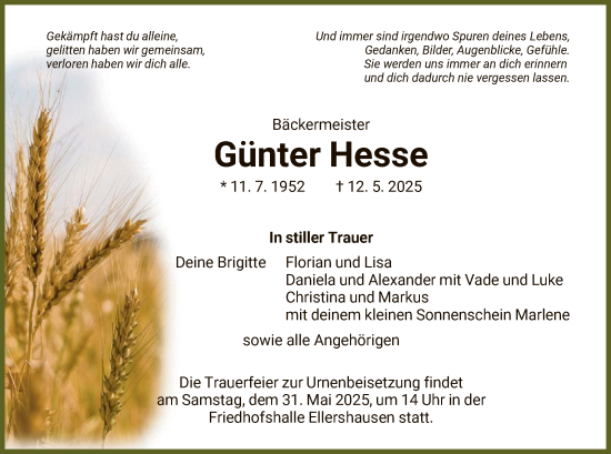 Todesanzeige von Günter Hesse von HNA