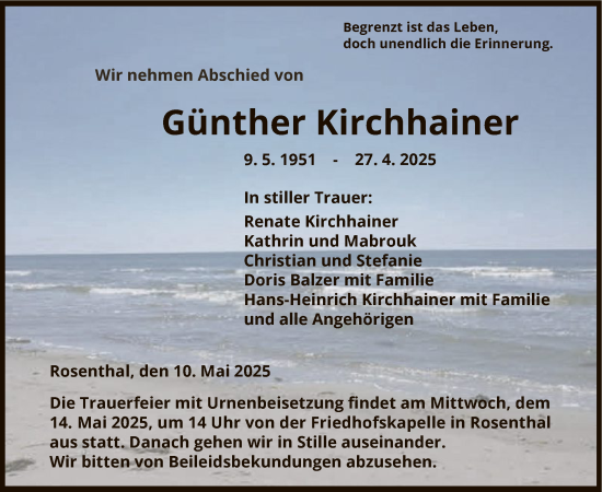 Todesanzeige von Günther Kirchhainer von HNA