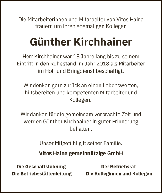 Todesanzeige von Günther Kirchhainer von HNA