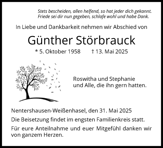 Todesanzeige von Günther Störbrauck von HNA