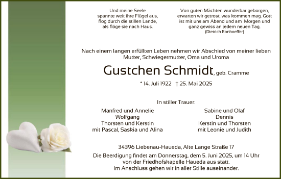 Todesanzeige von Gustchen Schmidt von HNAHN