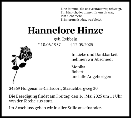 Todesanzeige von Hannelore Hinze von HNA