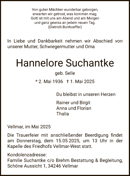 Todesanzeige von Hannelore Suchantke von HNA