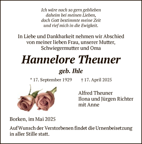 Todesanzeige von Hannelore Theuner von HNA