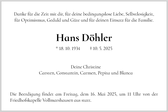 Todesanzeige von Hans Döhler von HNA