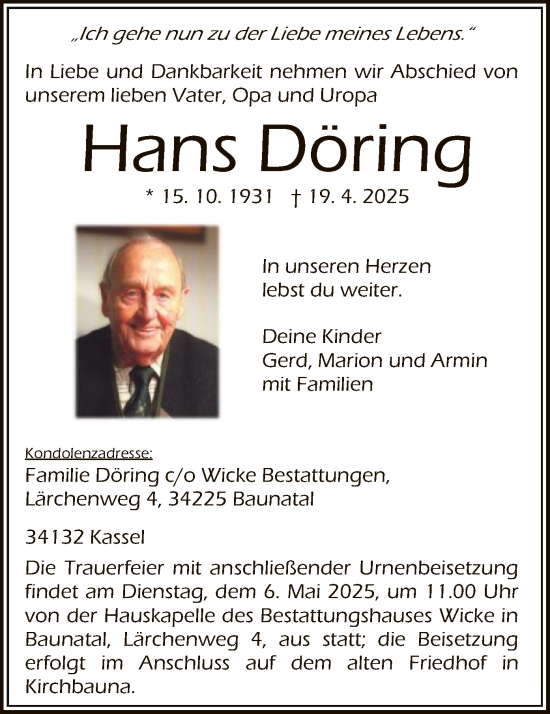 Todesanzeige von Hans Döring von HNA