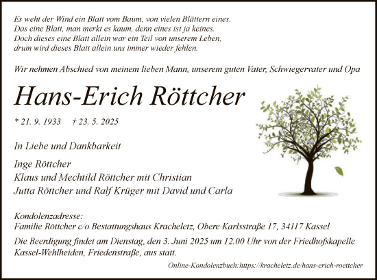 Todesanzeige von Hans-Erich Röttcher von HNA