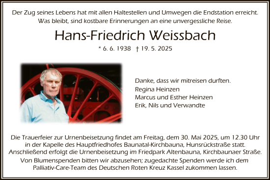Todesanzeige von Hans-Friedrich Weissbach von HNA