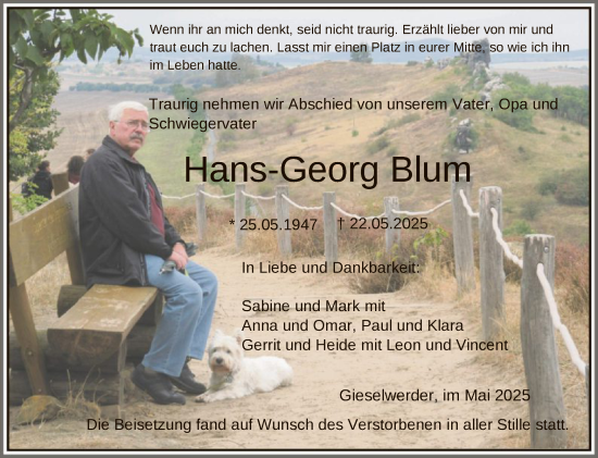 Todesanzeige von Hans-Georg Blum von HNA