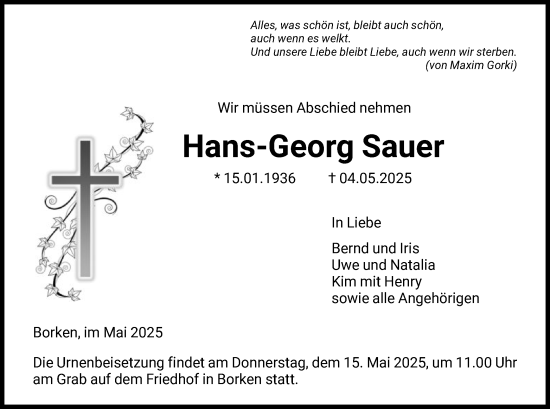 Todesanzeige von Hans-Georg Sauer von HNA