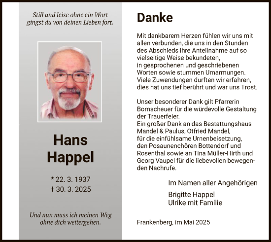 Todesanzeige von Hans Happel von HNA