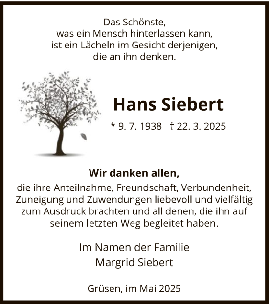 Todesanzeige von Hans Siebert von HNA
