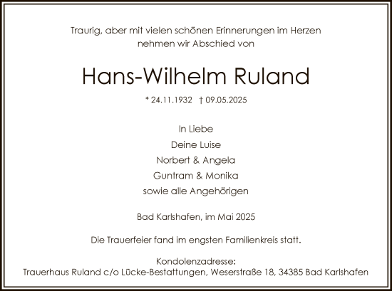Todesanzeige von Hans-Wilhelm Ruland von HNA