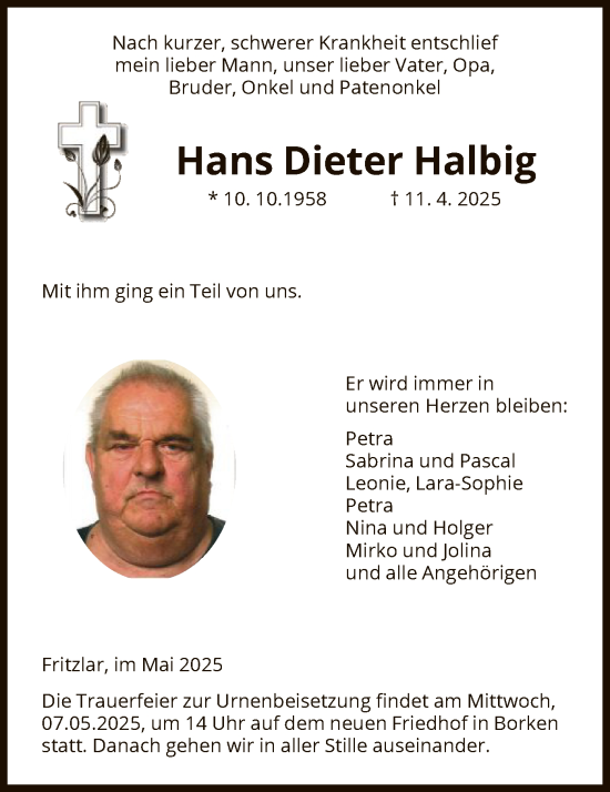 Todesanzeige von Hans Dieter Halbig von HNA